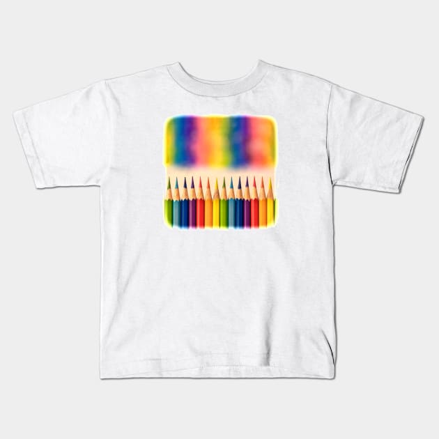 Retro style image of colorful coloring pencils with an out of focus vibrant rainbow  mural graphic above the row. Kids T-Shirt by Earthworx